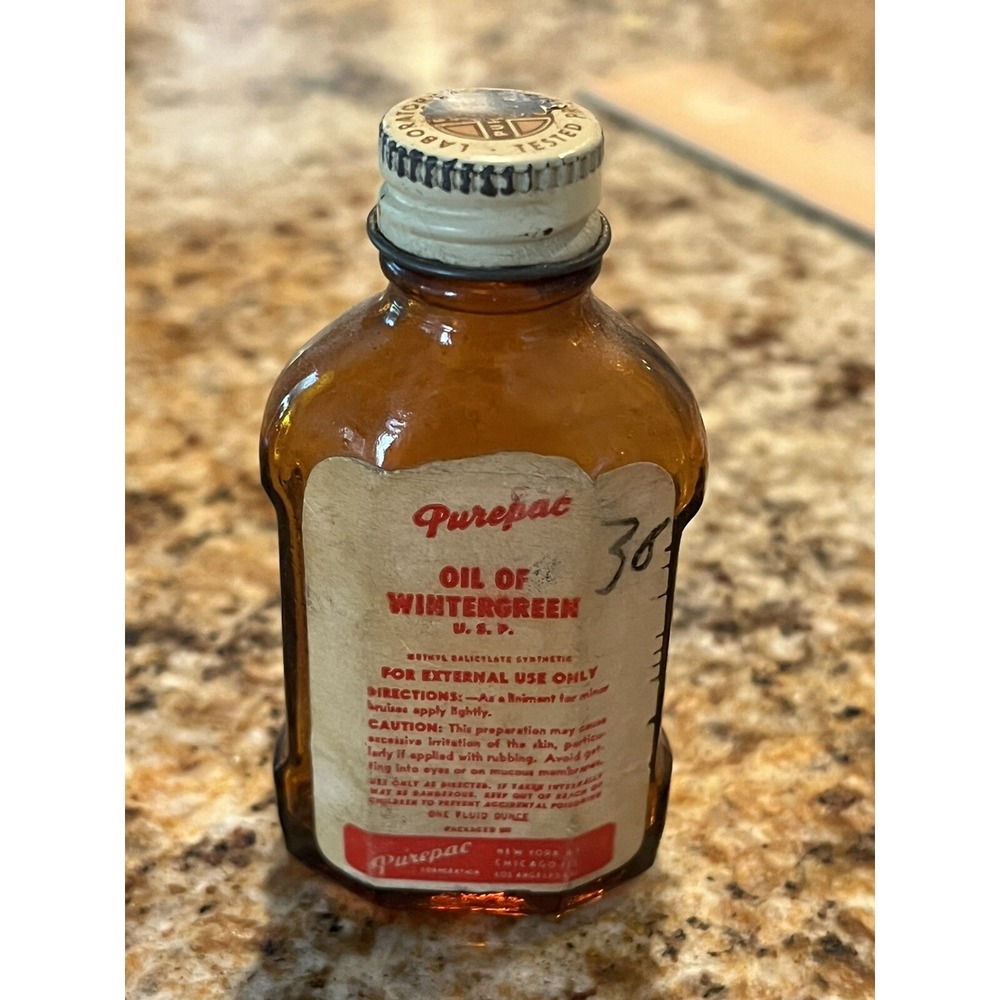 Vintage Purepac Oil Of Wintergreen USP Made In USA Circa 1950 Empty bottle - Picture 1 of 4